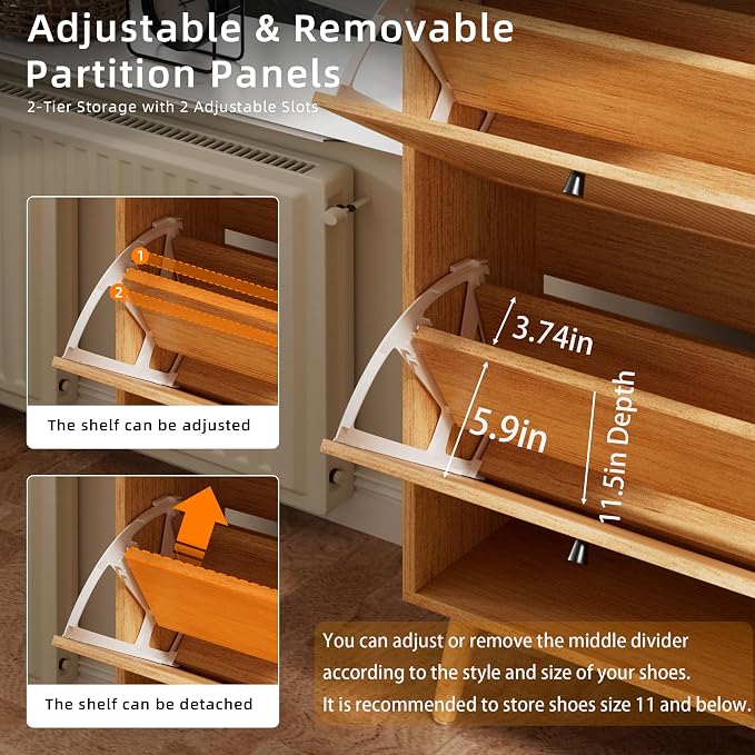 Fsbecl Shoe Storage Cabinet for Entryway with 3 Flip Drawers, Narrow Shoe Organizer with Fluted Panel, Freestanding Wood Hidden Shoe Cabinet for Hallway (Wood Color, 23.6''W, Double Layer) - Image 5