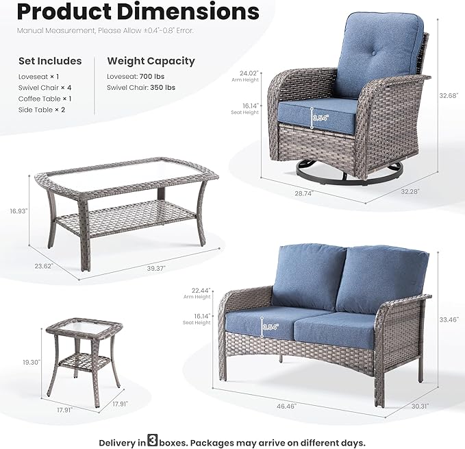 ovios 8-Piece Patio Furniture Set, Outdoor Wicker Sofa with Swivel Chairs Coffee Table, High Back Rattan Couch Loveseat with Comfy Cushions for Porch Yard Deck, Denim Blue
