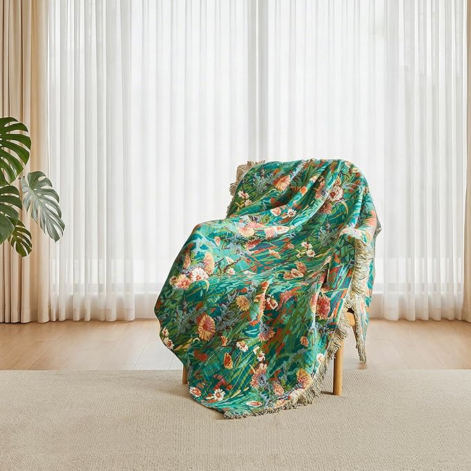 Boho Throw Blanket - 50"x60" 100% Cotton Ultra Soft Lightweight Spring Blanket, 4-Layer Breathable Muslin Blankets for Bed Couch, Reversible Green Floral Printed Bohemian Cotton Quilt