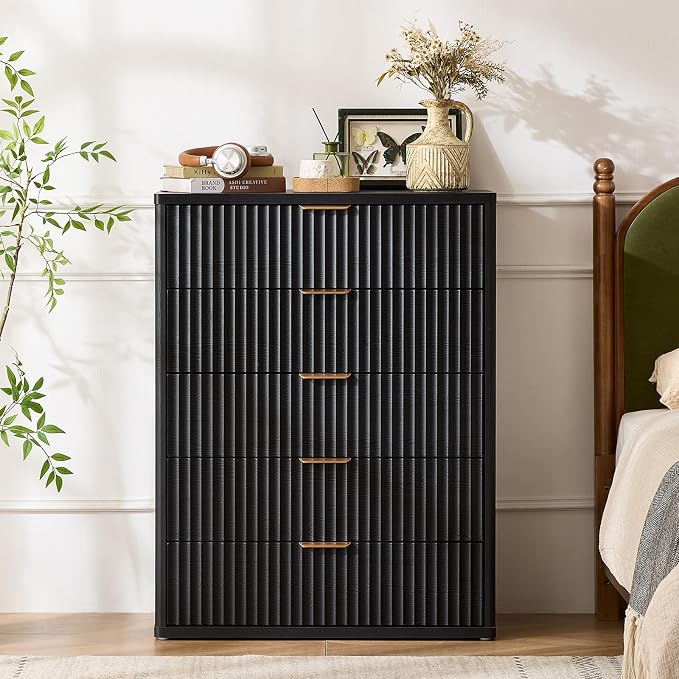 LEYAOYAO Fluted 5 Drawers Dresser for Bedroom Set of 2, 41" Tall Modern Chest of Drawers with Metal Handle, Curved Profile Design,Black Wood Drawer Organizer for Bedroom, Living Room, Hallway - Image 5