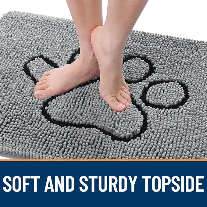 OLANLY Dog Door Mat for Muddy Paws 47x32, Paw Print Design, Absorbs Moisture and Dirt, Absorbent Non-Slip Washable Doormat, Quick Dry Chenille Mud Mat for Dogs, Entry Indoor Entryway Carpet, Grey - Image 4