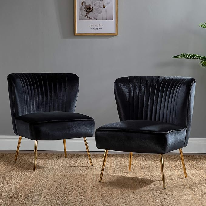 HULALA Home Velvet Accent Chair Set of 2, Modern Armless Upholstered Side Chair with Glam Gold Metal Legs for Vanity Living Room Bedroom - Black
