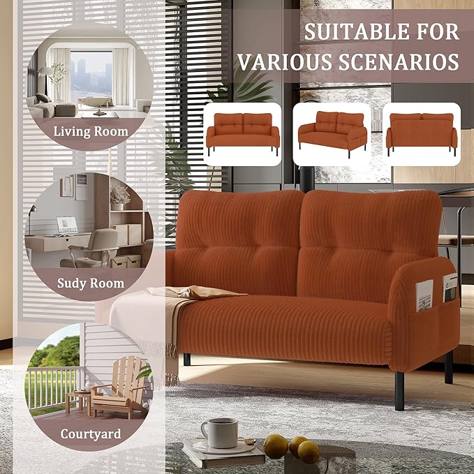 KEIKI 47" Corduroy Loveseat Sofa with Double Side Pockets & High Resilience Cushion, Modern Style Ergonomic Design Upholstery Oversized 2-Seater Couch, Easy Assembly, for Living Room, Orange