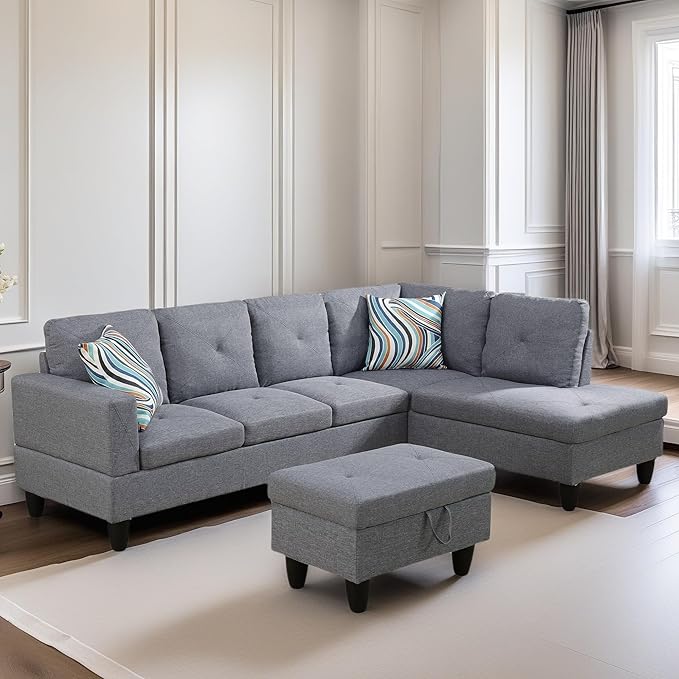 FONTOI L Shaped Sectional Couch Sofa, Modern Couches for Living Room, Comfy 4 Seat Modular Sectional Sofa with Ottoman Storage for Bedroom Apartment, Gray