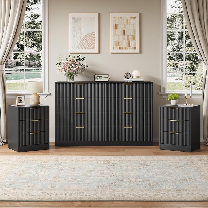 3Pcs Black Dresser & 3 Drawer Nightstand Set, 55” Wide Tall Fluted Dresser and Night Stand Set of 2 with Metal Handle, Modern Wood Chest of Drawers Storage Dressers Set for Bedroom, Black