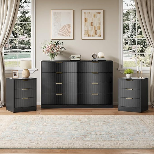 3Pcs Black Dresser & 3 Drawer Nightstand Set, 55” Wide Tall Fluted Dresser and Night Stand Set of 2 with Metal Handle, Modern Wood Chest of Drawers Storage Dressers Set for Bedroom, Black