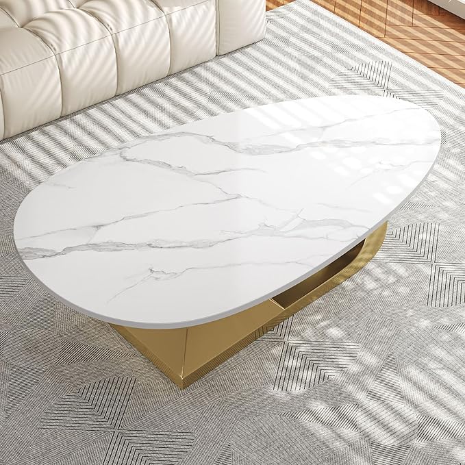 Glintee 51.2" Oval Coffee Table with Marble Top, Gold Stainless Steel Base, Scratch & Heat Resistant, Modern Living Room Centerpiece.