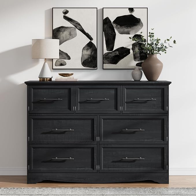 Black Dresser for Bedroom, Modern 7 Chest of Drawers, 47" Wide Chest of Drawers w/Brushed Metal Handle, Wood Closet Organizers and Storage Cabinet for Bedroom, Living Room, Hallway - Image 3