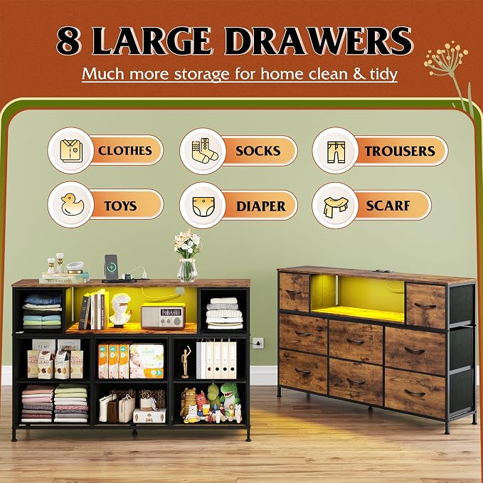 WLIVE Dresser TV Stand for 45, 50, 55 inch TV, Entertainment Center with LED Lights & Charging Station, Chest of Drawers with 8 Fabric Drawers and Open Shelves for Living Room, Hallway, Rustic Brown - Image 4