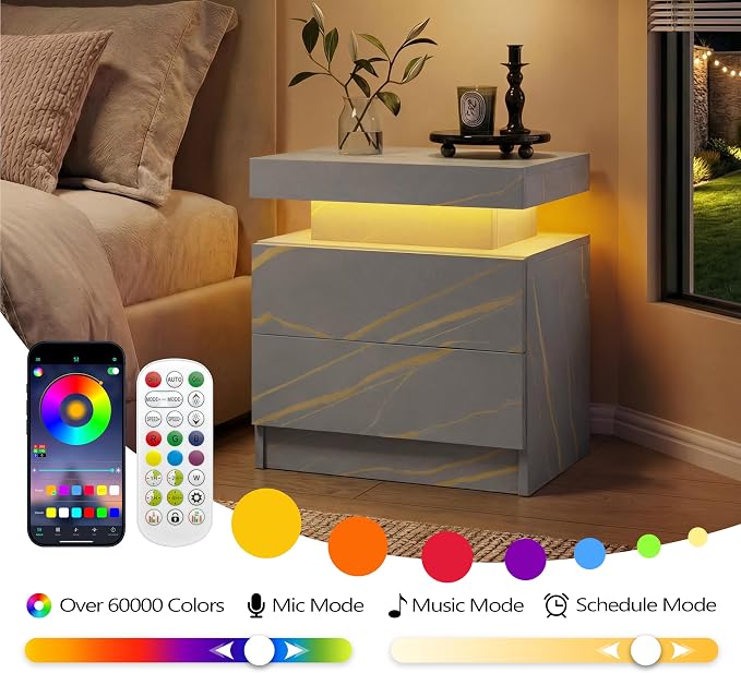 i-aplus Grey Night Stand with 2 Drawers LED Nightstands Bedroom Night Stand for Bedroom, Living Room - Image 6