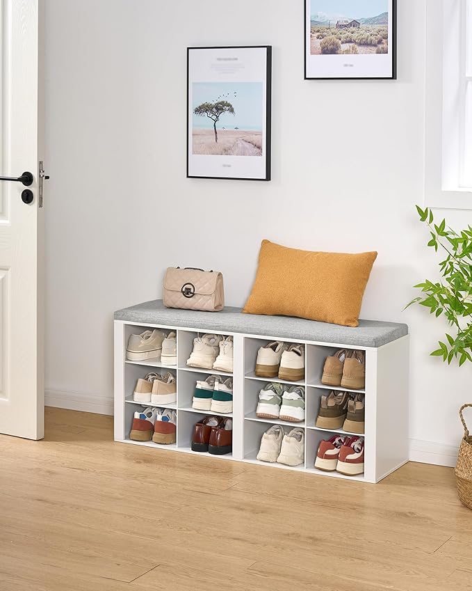 Hzuaneri Shoe Bench with Cushion, Entryway Storage Bench with 12 Cubbies, Cubby Shoe Rack with Adjustable Shelves, Shoe Organizer Cabinet for Living Room, Bedroom, Entryway, White SB19003GY - Image 2