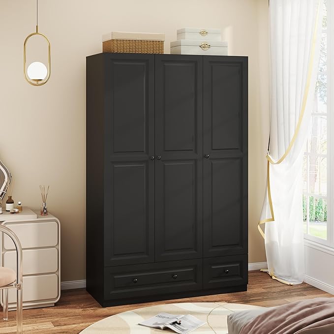 Armoire Wardrobe Closet with Drawers: 74" Black Wardrobe Closet with 3 Doors, Bedroom Armoires with 2 Drawers, Wood Closets Cabinet for Hanging Clothes (Black, 47")