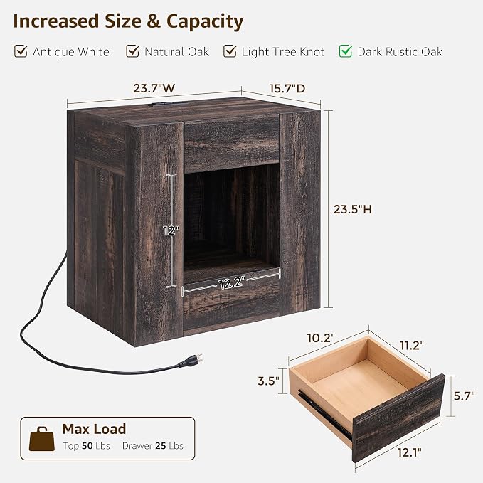 OKD 24" Modern Nightstands Set of 2, Large Wooden Night Stand with Charging Station & Drawer, Side Table Bedroom with Storage Shelf, Rustic End Table, Wood Thick Design, Dark Rustic Oak - Image 3