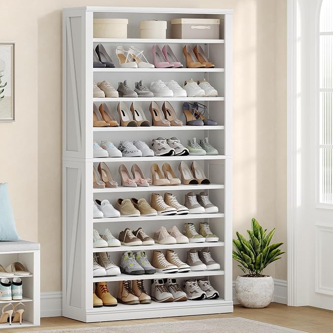 Hzuaneri Shoe Storage Cabinet, 10 Tiers Freestanding Shoe Cabinets, Wooden Shoes Rack with Cubby, 36-40 Pairs, Farmhouse Tall Shoes Cubby Organizer for Entryway, Living Room, White SR59203X by Hzuaneri