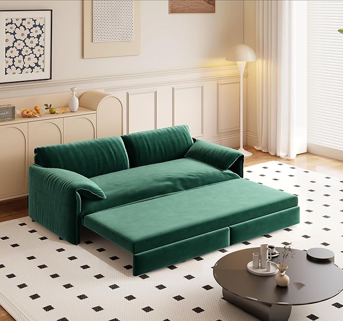 Eafurn 66" Convertible Sofa Bed Queen Size, 3-in-1 Pull Out Sleeper Couch Sofabed, Modern Velvet Loveseat Chaise Lounge w/Side Storage Pocket for Living Room Office | Removable Cushions