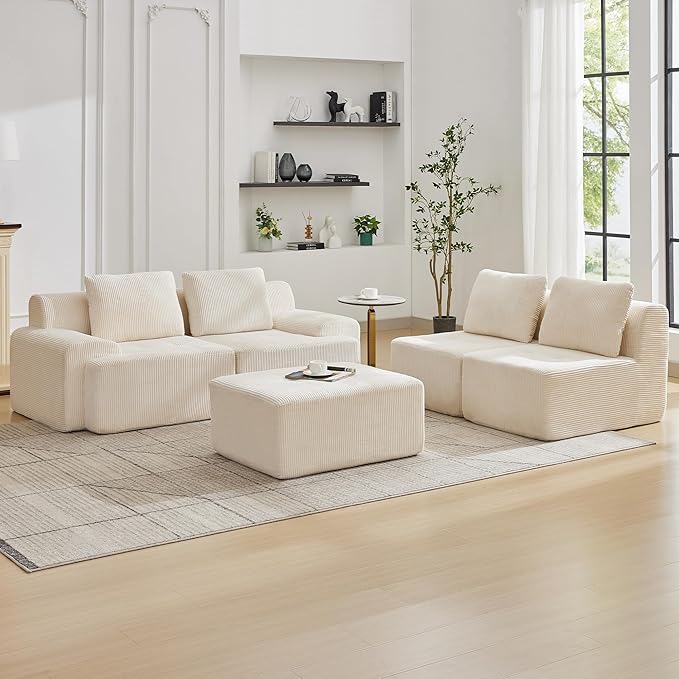 Modular Sectional Sofa with Movable Ottoman, 4 Seat Deep Seat Couch with 4 Pillows, Comfy Cloud Sectional Sofa for Living Room, Bedroom and Apartment (White, 2 Left+2 Right+1 Ottoman)