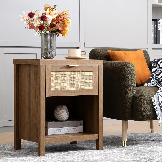 SICOTAS Rattan Nightstand - Farmhouse Night Stand with Drawer and Storage Shelf - Boho Bedside Table - End Side Table for Bedroom,Oak - Image 8