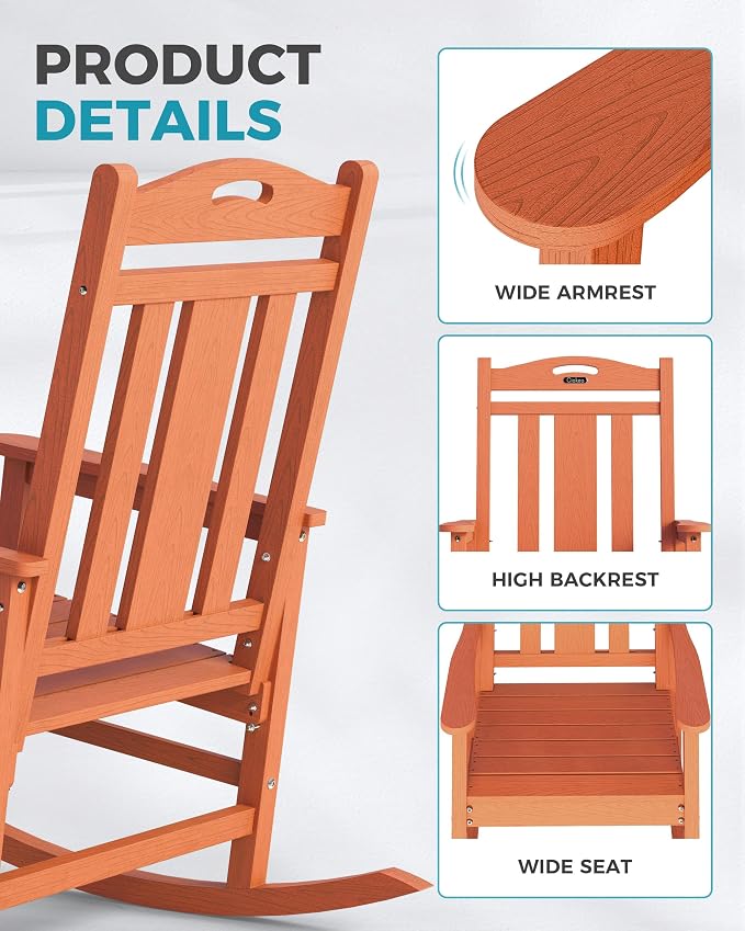 Ciokea Oversized Outdoor Rocking Chair, 380lbs Heavy-Duty Large Patio Rocker, Weather Resistant & Anti-Fade Porch Chair, High Back Cozy Rocking Chair for Outside, Fire Pit, Deck, Garden, Orange - Image 6