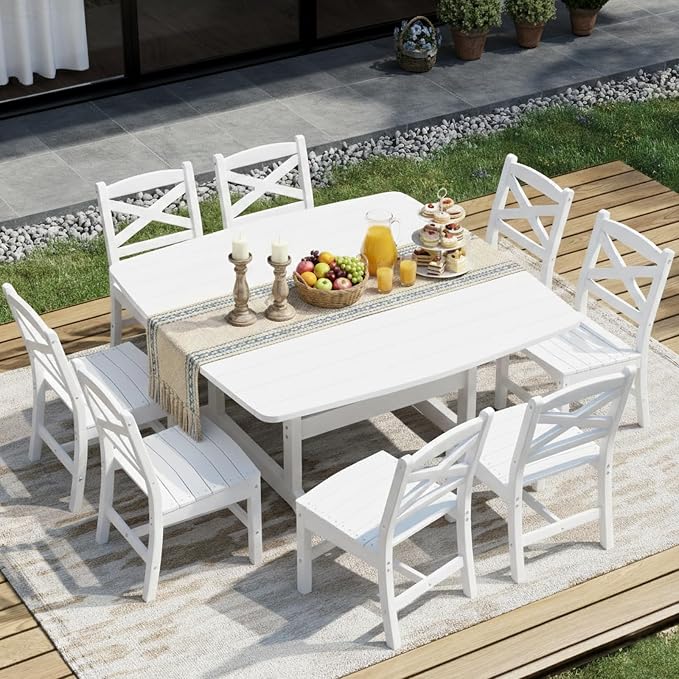 Outdoor Dining Set, HDPE 9-Piece Patio Table and Chairs Set, All-Weather Outdoor Dining Table Set for 8 with Umbrella Hole, Durable Patio Furniture Set with Chairs,White - Image 2