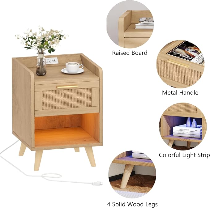 Keehusux Night Stands Set of 2, 13.8"W Nightstands with Charging Station, Boho End Table with LED Lights, Rattan Bed Side Table with Drawer & Metal Handle, Solid Wood Feet, for Bedroom, Dorm, Natural - Image 7