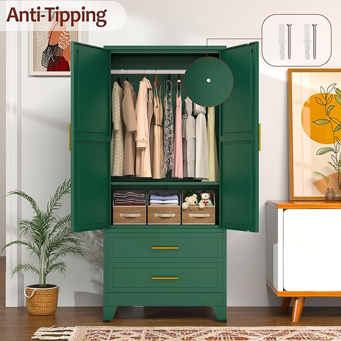 winiowa Metal Armoire Wardrobe Closet with 2 Drawers, 71" Wardrobe Cabinet with Adjustable Shelves and Hanging Rod, Clothing Storage Cabinet Closet for Bedroom-Green