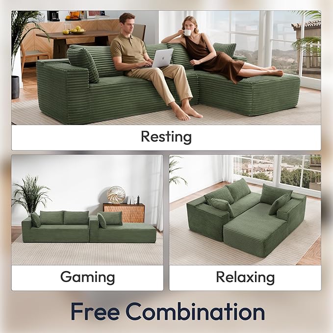 Cloud Sectional Couch, Modular Sectional Sofa with Left Chaise Lounge, Modern Modular L-Shape Sofa with Pillows & Deep Seat, Boneless Couches for Living Room Bedroom, Green