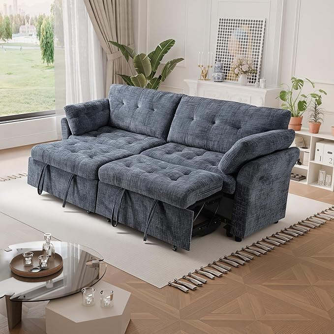 Casaphoria 3 in 1 Convertible Sofa Bed L-Shaped Sleeper with Dual Pull-Out Beds – Space Saving Sectional Couch for Small Spaces Bedroom Guest Room 89.8 Inch Blue
