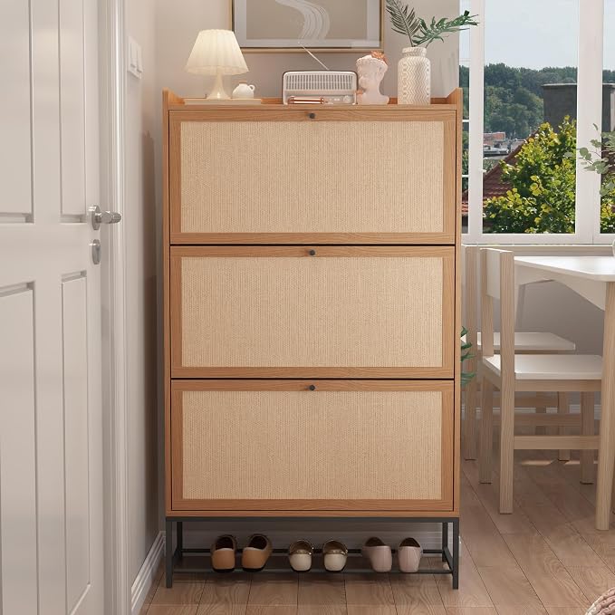 AVZEAR Narrow Shoe Storage Cabinet with 3 Flip Drawers, Freestanding Shoe Organizer Wooden Closed Shoe Rack, Slim Shoe Cabinet Storage for Entryway, Hallway, Living Room (Natural) - Image 9