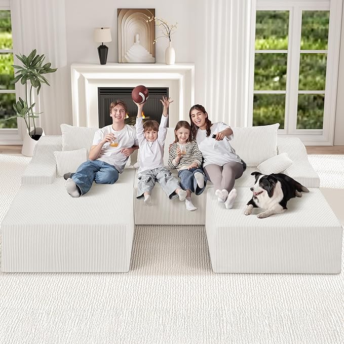 HABUTWAY 94“ U Shaped Modular Sectional Couch for Living Room, Modular Cloud Sofa with Ottoman, No Assembly Boneless Couches with Deep Seat, Corduroy Fabric (Beige, Left Facing) | Cloud Sofa, With Ottoman, No Assembly, Boneless, Deep Seat, Corduroy Fabric
