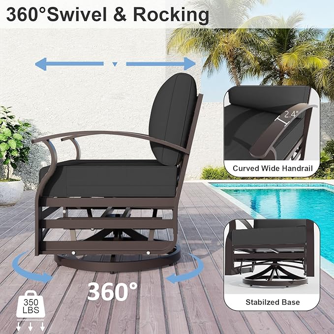 ALAULM Aluminum Patio Furniture Set with Propane Fire Pit Table 5-seat Metal Outdoor Furniture w/Fire Pit Patio Sectional Sofas w/5.1" Cushions for Patio, Backyard, Poolside-Black