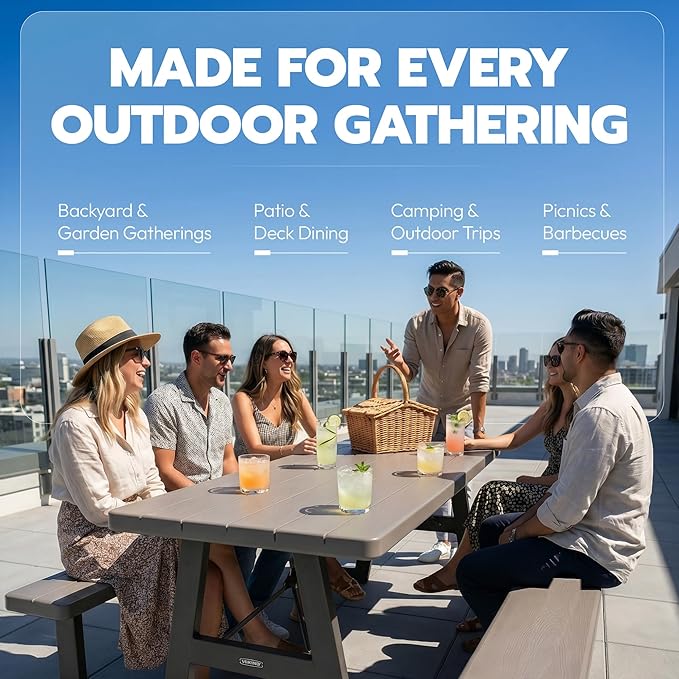 LIFETIME 6-Foot Folding Picnic Table with Benches, Seats 8, Heavy-Duty HDPE Tabletop, Steel Frame, Weather & UV Resistant Outdoor Picnic Table with Umbrella Hole - Image 6