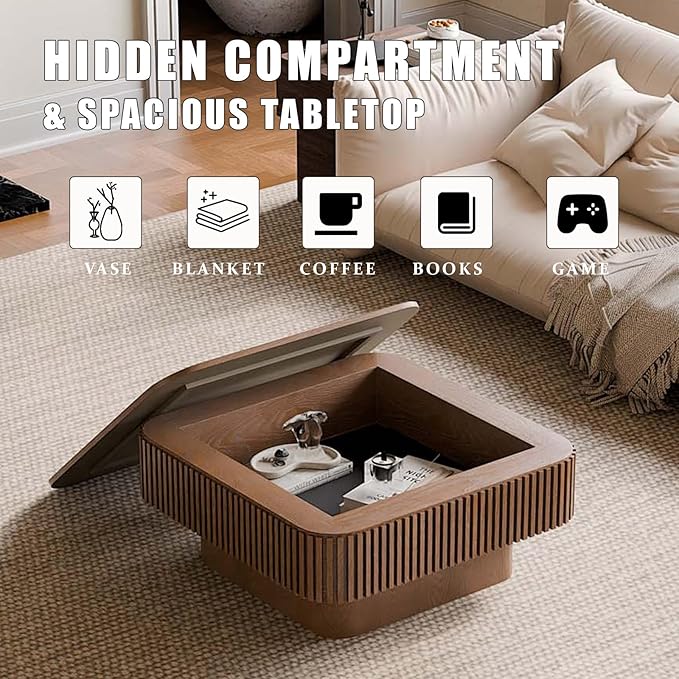 31.5'' Small Square Coffee Table with Storage, Fluted Coffee Table with Solid Wood Veneered, Mid Century Modern Wooden Center Table, Accent Tea Table for Small Space Living Room Apartment, Walnut
