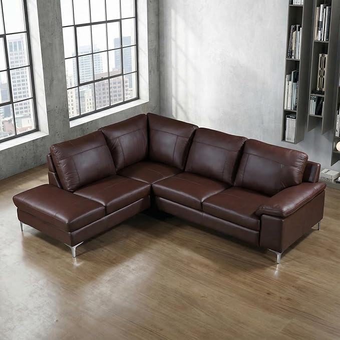 Cortesi Home Contemporary Dallas Genuine Leather Sectional Sofa with Left Side Facing Chaise Lounge, Brown 80"x98"