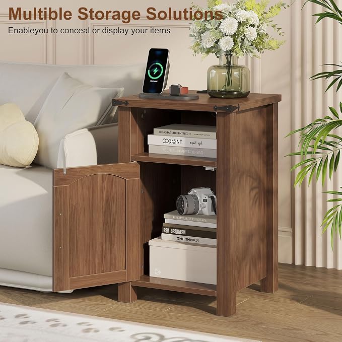 Farmhouse Nightstand with Charging Station, End Table with USB/Type-C Ports and Power Outlets, Rustic Bedside Table with Large Storage and Open Shelf, Modern Side Table for Bedroom, Walnut - Image 5