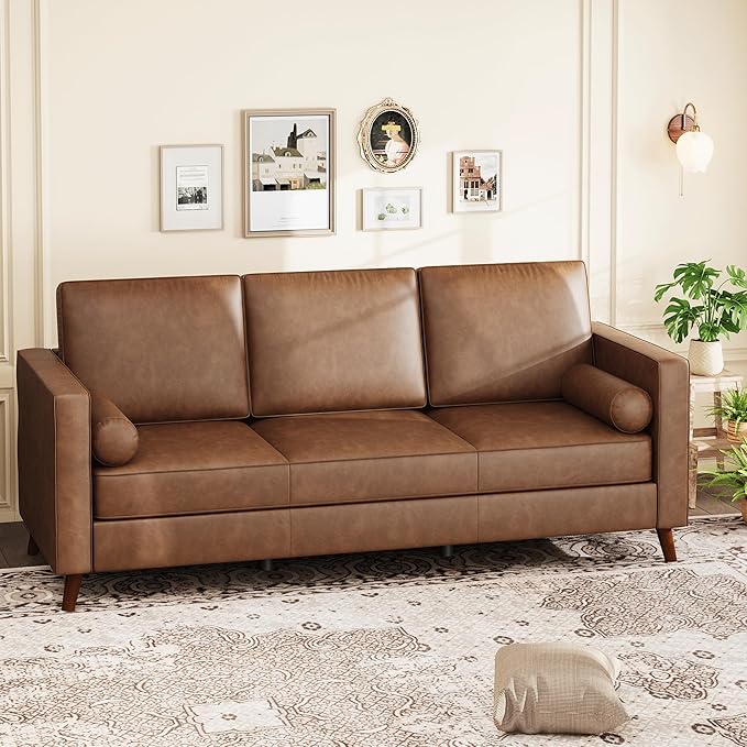 IDEALHOUSE 81" Faux Leather Sofa, Mid Century Modern Deep Seat Couch, Upholstered Cushion&Removable Cover, Brown PU Couch, 3 Seat Sofa for Living Room, Office, Brown