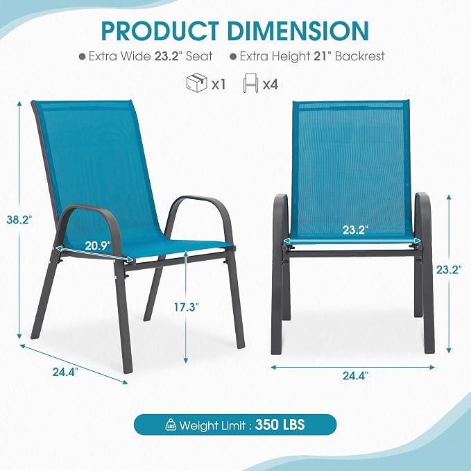 Outdoor Stackable Chairs Set of 8, Stacking Patio Chairs with Textilene Fabric, Outside Furniture for Garden Backyard Balconie Poolside Deck, Blue - Image 3