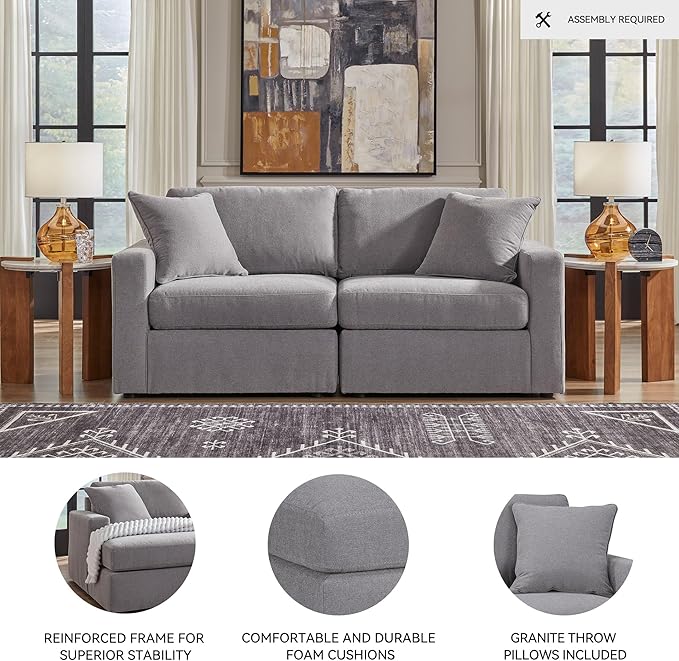 Signature Design by Ashley Modmax Casual Modular Stain Resistant 2-Piece Loveseat with Removable Covers and 2 Accent Pillows, Light Gray