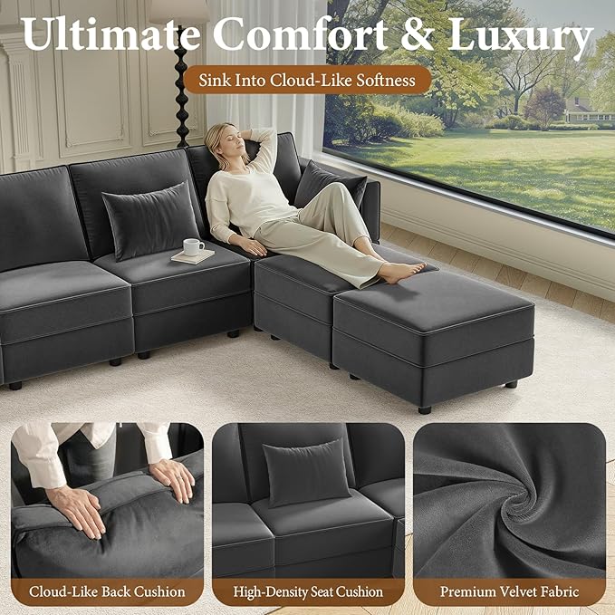 Vesgantti Sectional Couches with Storage Seats, 92" L Shaped Convertible Modular Sectional Sofa, 5 Seat & 1 Ottoman Velvet Storage Chaises Deep Seat Couch for Living Room, Bedroom, Apartment, Gray