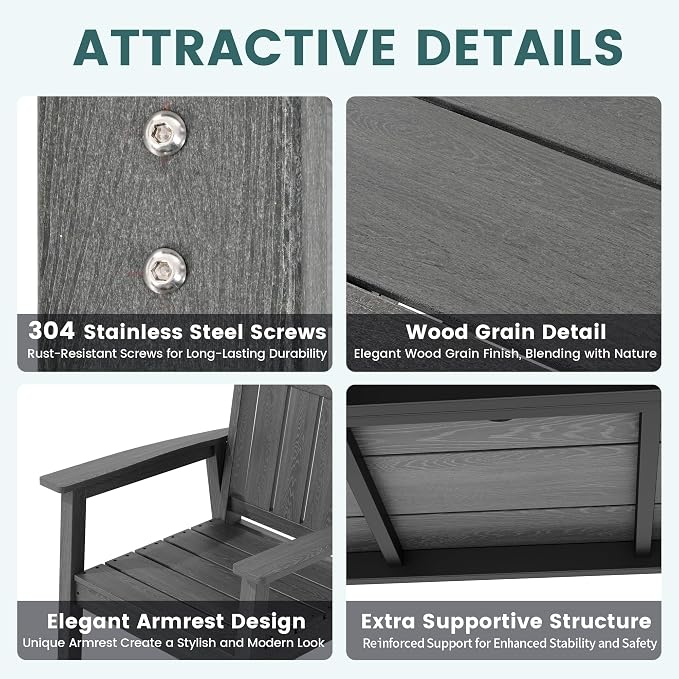 Pamapic 5 PCS Outdoor Dining Set, Spacious HDPE Outdoor Table and Chairs, Wood Grain Patio Furniture Sets with Elegant Armrest, All-Weather Patio Dining Table with Umbrella Hole, Gray - Image 6