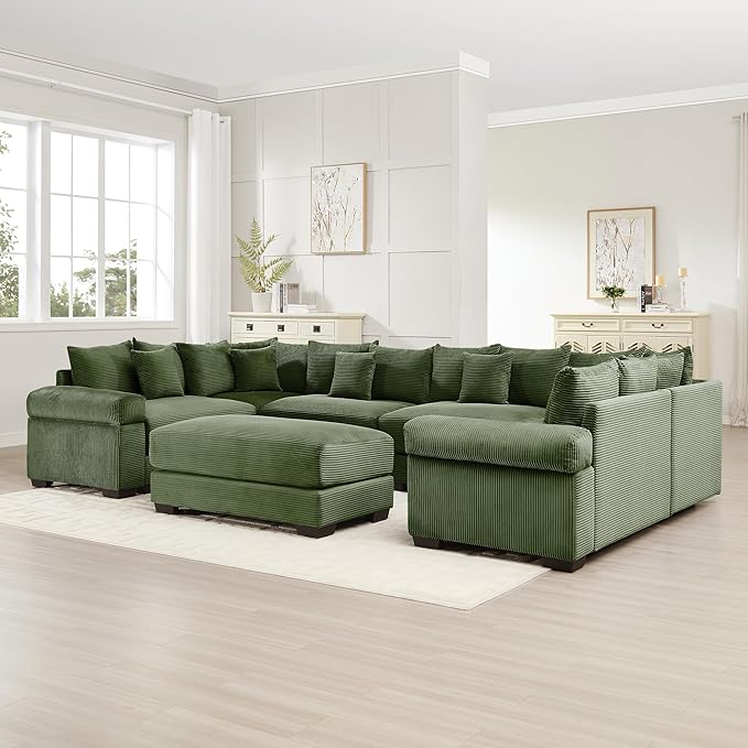 KEIKI 138" U-Shaped Oversized Corduroy Modular Cloud Sectional Sofa with 1 Ottoman, High-Density Foam Cushion, Extra-Thick Armrest, 6-Seater Fluffy Corner Couch with 20 Pillow, for Living Room, Green