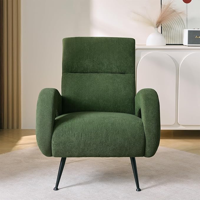Corduroy Living Room Accent Chairs, High Back Reading Chairs for Bedroom, Modern Comfy Upholstered Armchairs for Bedroom, Reading Nook, Apartment, Forest Green