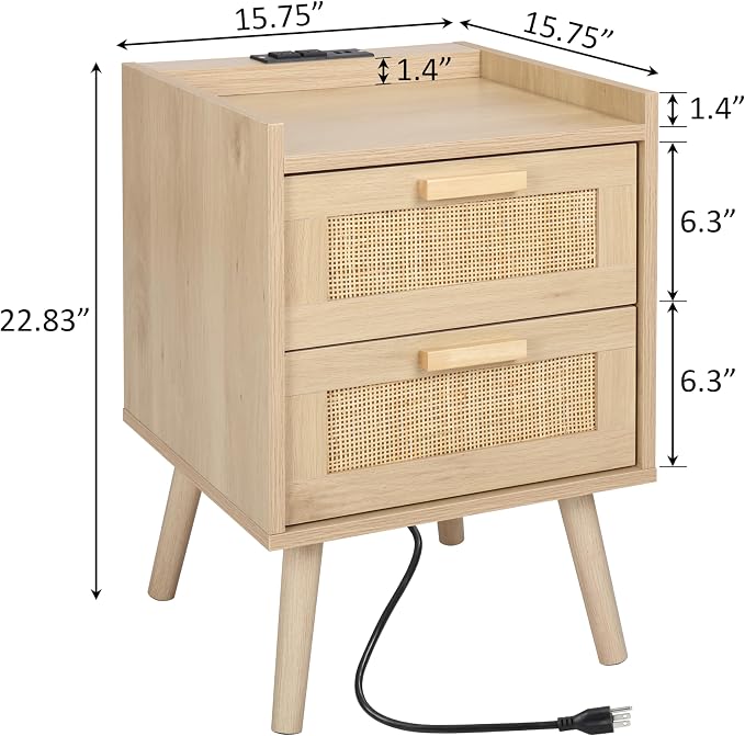 Finnhomy Nightstand with Charging Station, Bedside Table with 2 Hand Made Rattan Decorated Drawers, Night Stand with Storage for Bedroom, Natural - Image 2