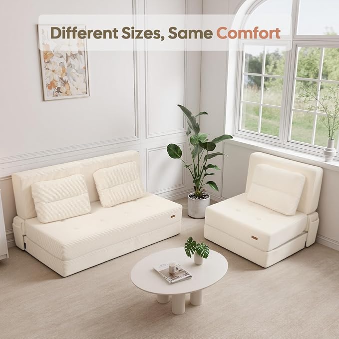 COMAX Folding Sofa Bed, Foldable Couch for Bedroom, Convertible Floor Sleeper Futon Chair Foam, Corduroy 3 in 1 Fold Out Chair Portable Comfy Lounge Couch Sofa Bed for Small Space, Full, Beige