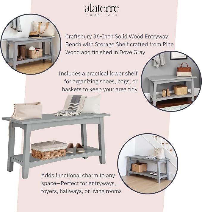 Craftsbury 36-Inch Wood Entryway Bench with Storage Shelf – Dove Gray Accent Bench for Entryway, Hallway, or Living Room – Small Space Seating with Farmhouse Charm by Alaterre Furniture - Image 4