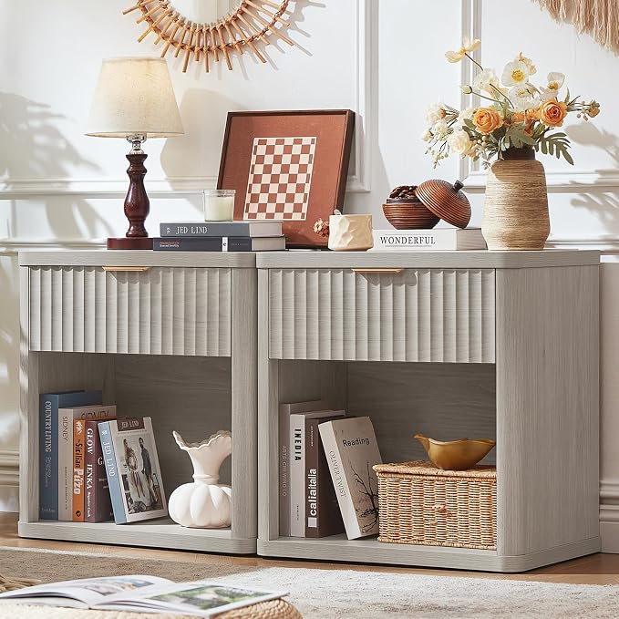 LEYAOYAO Fluted Farmhouse Nightstand Set of 2 with Charging Station, 23" Wide 1 Drawers Night Stand,LightGrey Dresser for Bedroom,Bed Side Table Chest of Drawers,Wood End Table for Living Room by LEYAOYAO-Findtheshiningpointofyourideallife%EF%BC%81