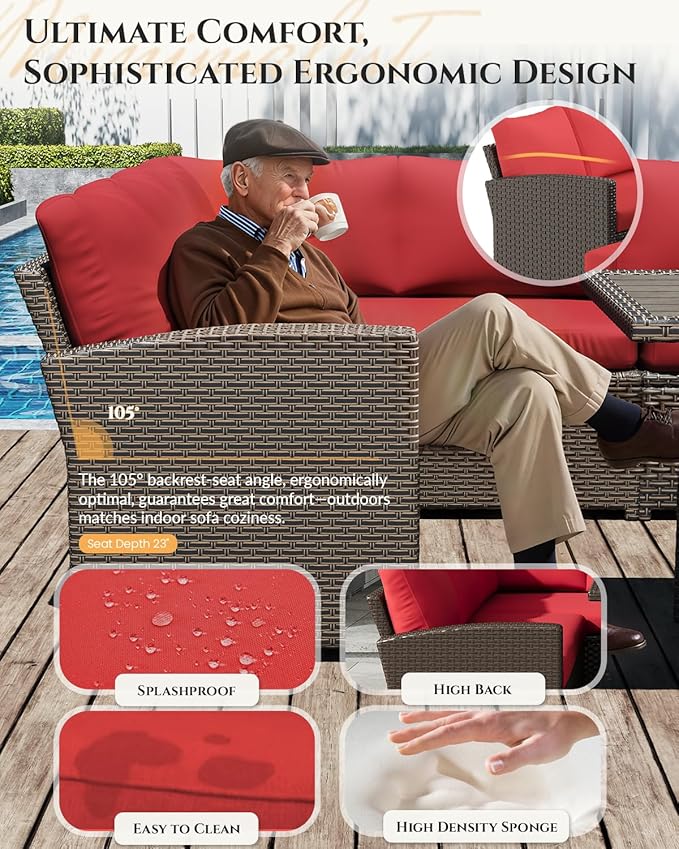 U-MAX 7 Pieces Patio Furniture Set with 43" Fire Pit Table, Outdoor Sectional Sofa Conversation Set, All Weather Wicker Rattan Dining Table & Chair with Ottoman, Brown Rattan&Red Cushion