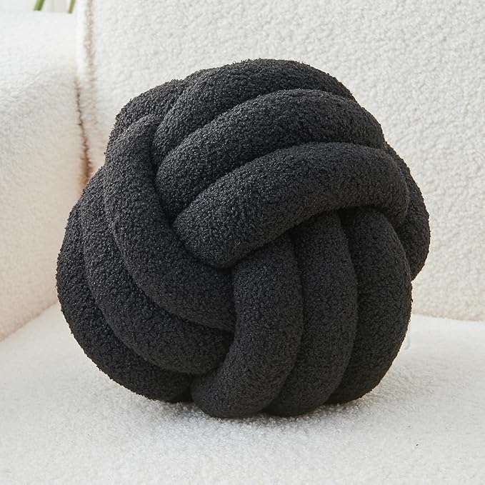 LUSJNGE Decorative Throw Knot Pillow Ball for Home Chair Sofa Couch Bed Aesthetic Round Decor Pillows Lambswool Knotted Pillow Cushion (Black, 8inches)
