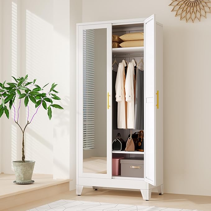 Ckzbx 71" H Metal Armoire Wardrobe Closet with Mirror, Adjustable Shelve, Clothes Drying Pole, Steel Wardrobe Cabinet for Bedroom (White)