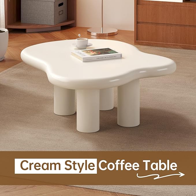 Guyii 35.43" Cloud Coffee Table, Cream White Coffee Table for Living Room, Cartoon Irregular Indoor Tea Table, Modern End Table with 4 Legs