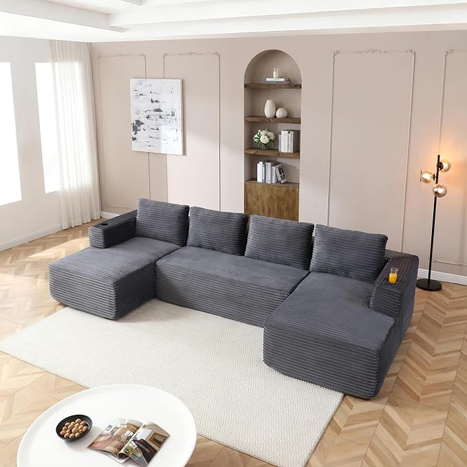 132-Inch U-Shaped Cloud Sectional Couch, Symmetrical Modular Compressed Boneless Sectional Sofa with Chaise Lounges, Plush Corduroy Boneless Corner Sofa W/Cupholders